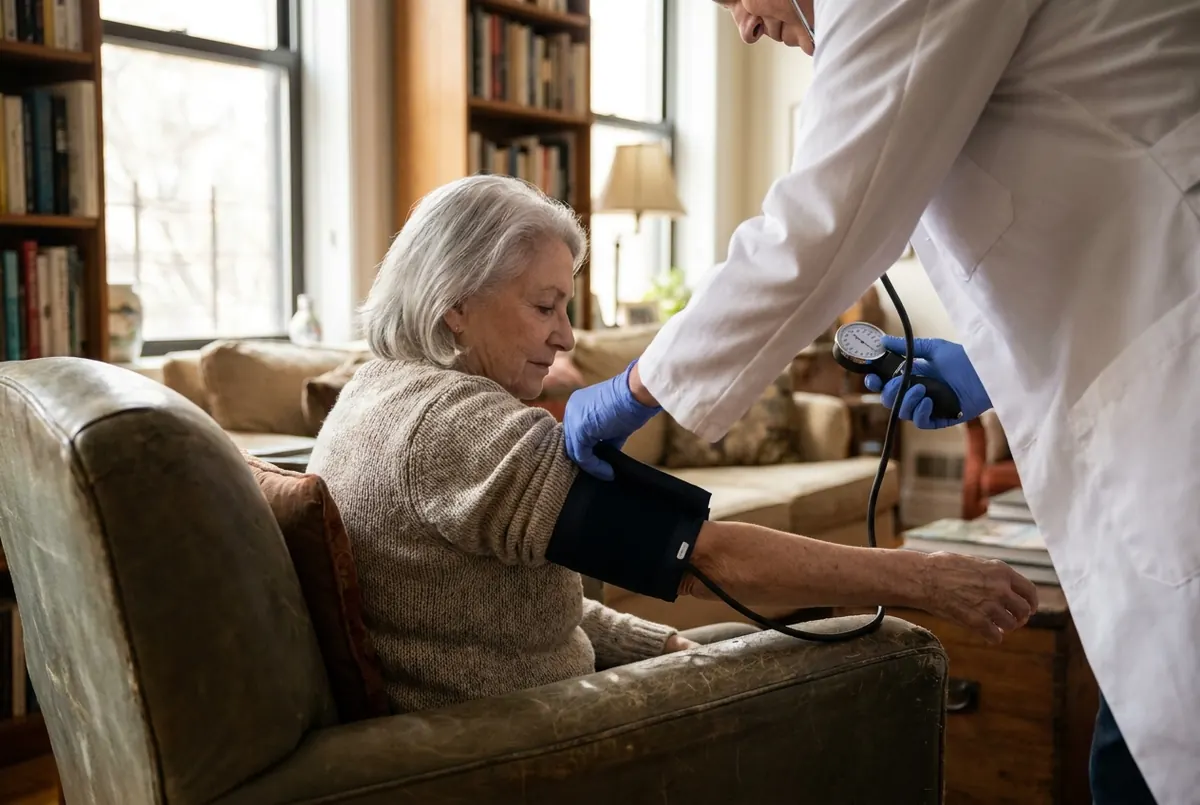 A clinician checking an older patient’s blood pressure at home