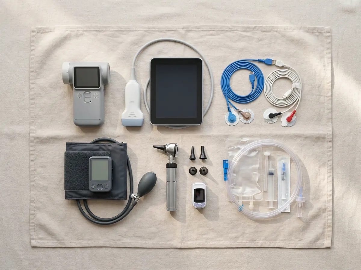 A house-call diagnostic kit laid out — imaging and monitoring tools