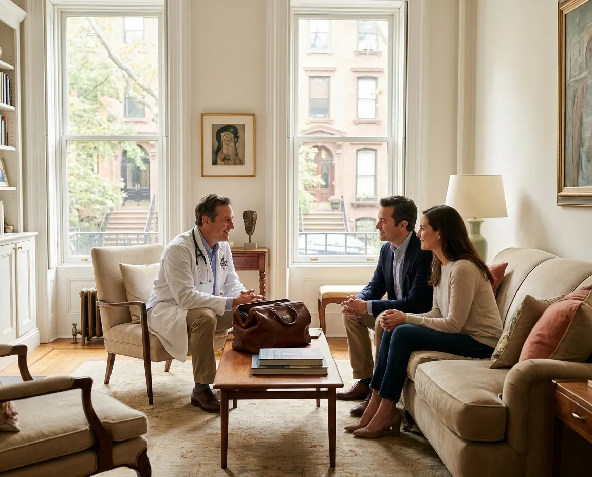 A licensed medical provider on a doctor house call with a couple at home in NYC
